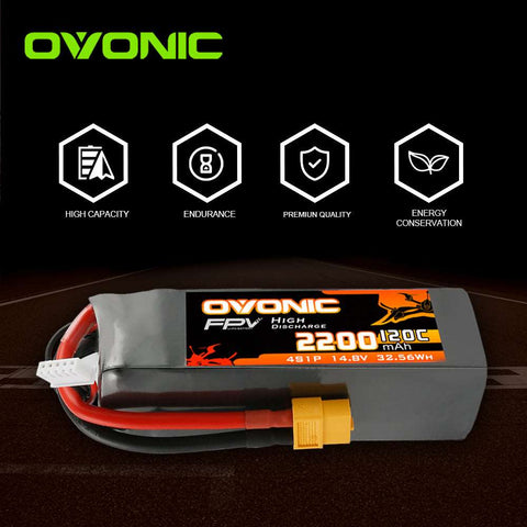 Ovonic 120C 4S 2200mAh 14.8V LiPo Battery Pack for FPV RC CAR Aircraft with XT60 Plug - Ampow