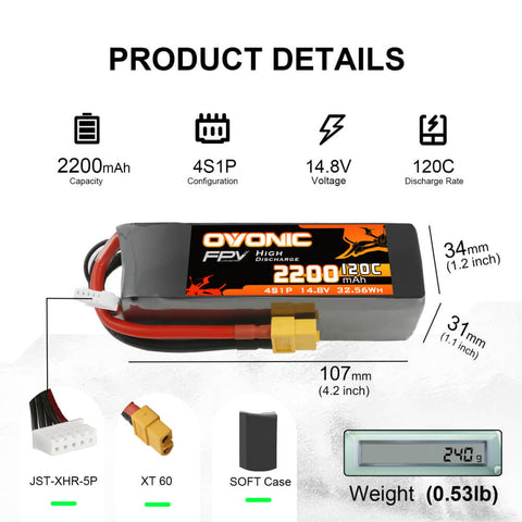 Ovonic 120C 4S 2200mAh 14.8V LiPo Battery Pack for RC UAV