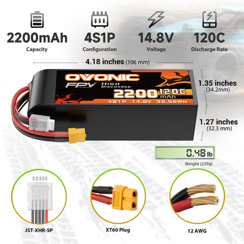 OVONIC 4S 120C 2200mAh 14.8V Lipo Battery with XT60 Connector & Lipo Voltage Checker for 5-Inch Freestyle FPV Racing Drone 4-7 inch Long-Range Drones