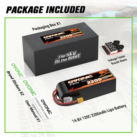 OVONIC 4S 120C 2200mAh 14.8V Lipo Battery with XT60 Connector & Lipo Voltage Checker for 5-Inch Freestyle FPV Racing Drone 4-7 inch Long-Range Drones