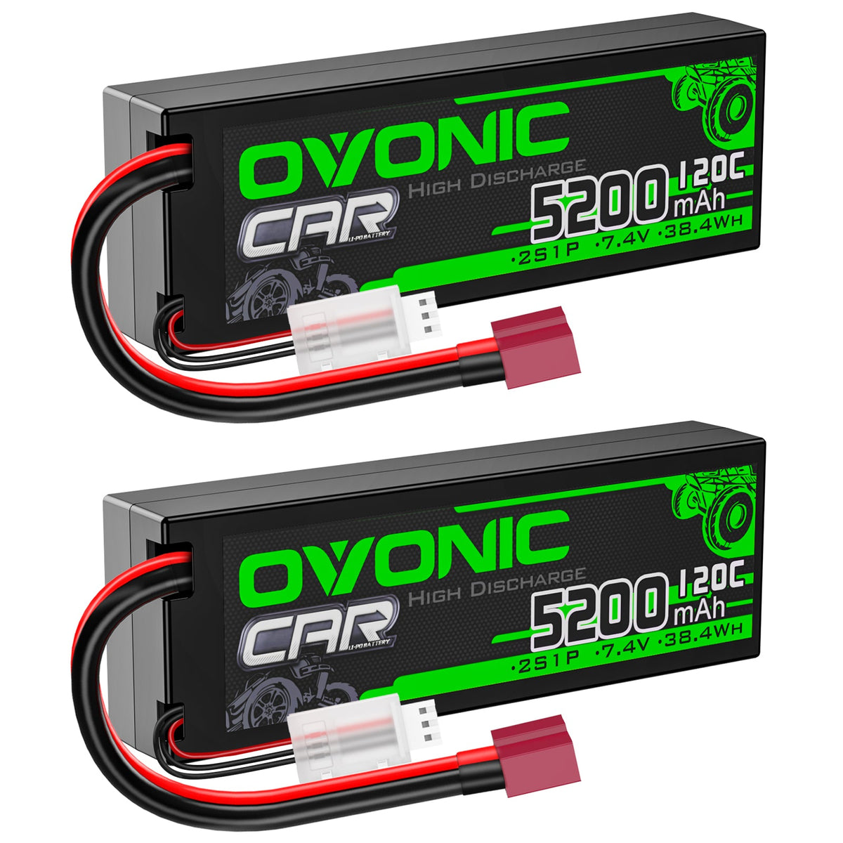 2×Ovonic 2S Lipo Battery 5200mAh 2S1P 7.4V Hardcase RC LiPo Battery with Deans T Plug for 1/8 1/10 RC Vehicles Car Trucks Airplane Boats