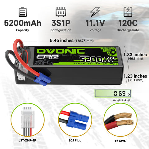 2 x OVONIC 3S LiPo Battery 11.1V 5200mAh 120C with EC5 Plug & Lipo Voltage Checker