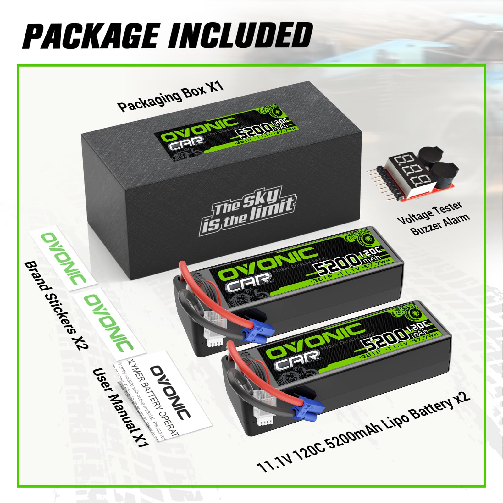 2 x OVONIC 3S LiPo Battery 11.1V 5200mAh 120C with EC5 Plug & Lipo Voltage Checker