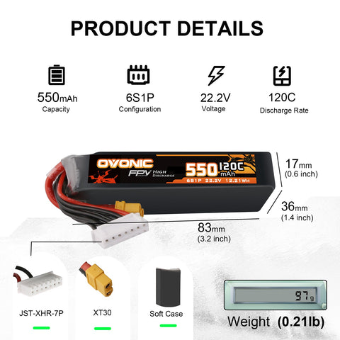 4×Ovonic 130C 550mAh 3S LiPo Battery 11.1V with XT30 Plug for Brushless FPV Drone Torrent 110 BetaPFV Beta 85X