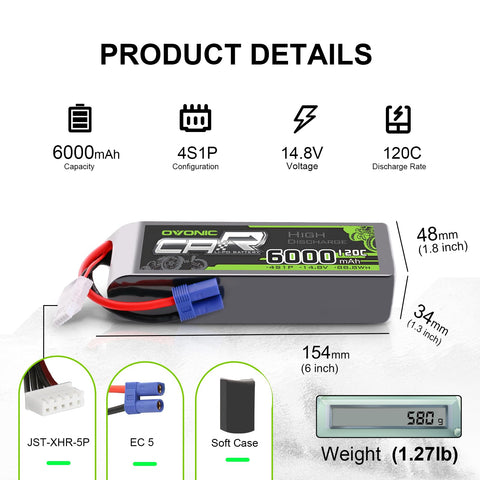 2xOVONIC 4S Lipo Battery 120C RC Battery 6000mAh 14.8V with EC5 Plug