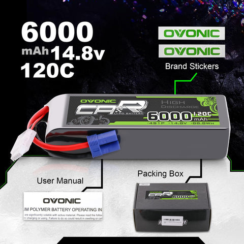 2xOVONIC 4S Lipo Battery 120C RC Battery 6000mAh 14.8V with EC5 Plug Connector for RC Car RC Truck RC Truggy Airplane