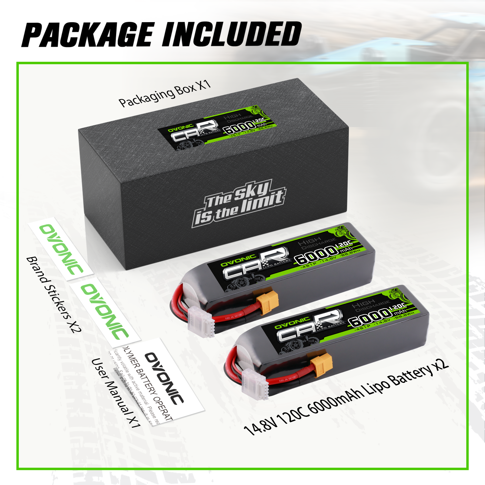 2 × OVONIC 4S Lipo Battery 6000mAh 120C 14.8V RC Lipo Battery with XT60 Plug for RC Vehicles Car RC Truck RC Airplane