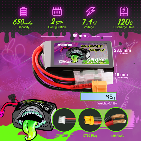 2×Ovonic Rebel 2.0 120C 2S 650mah Lipo Battery 7.4V Pack with XT30 Plug for Brushless 90mm to 130mm FPV Racing Drone Torrent 110 Q