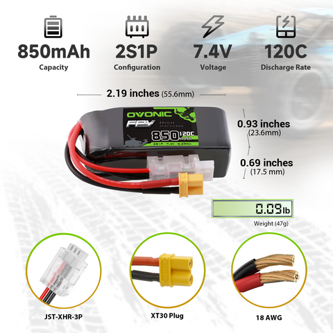 OVONIC 850mAh 2S Lipo Battery 2S1P 120C 7.4V with XT30 Plug
