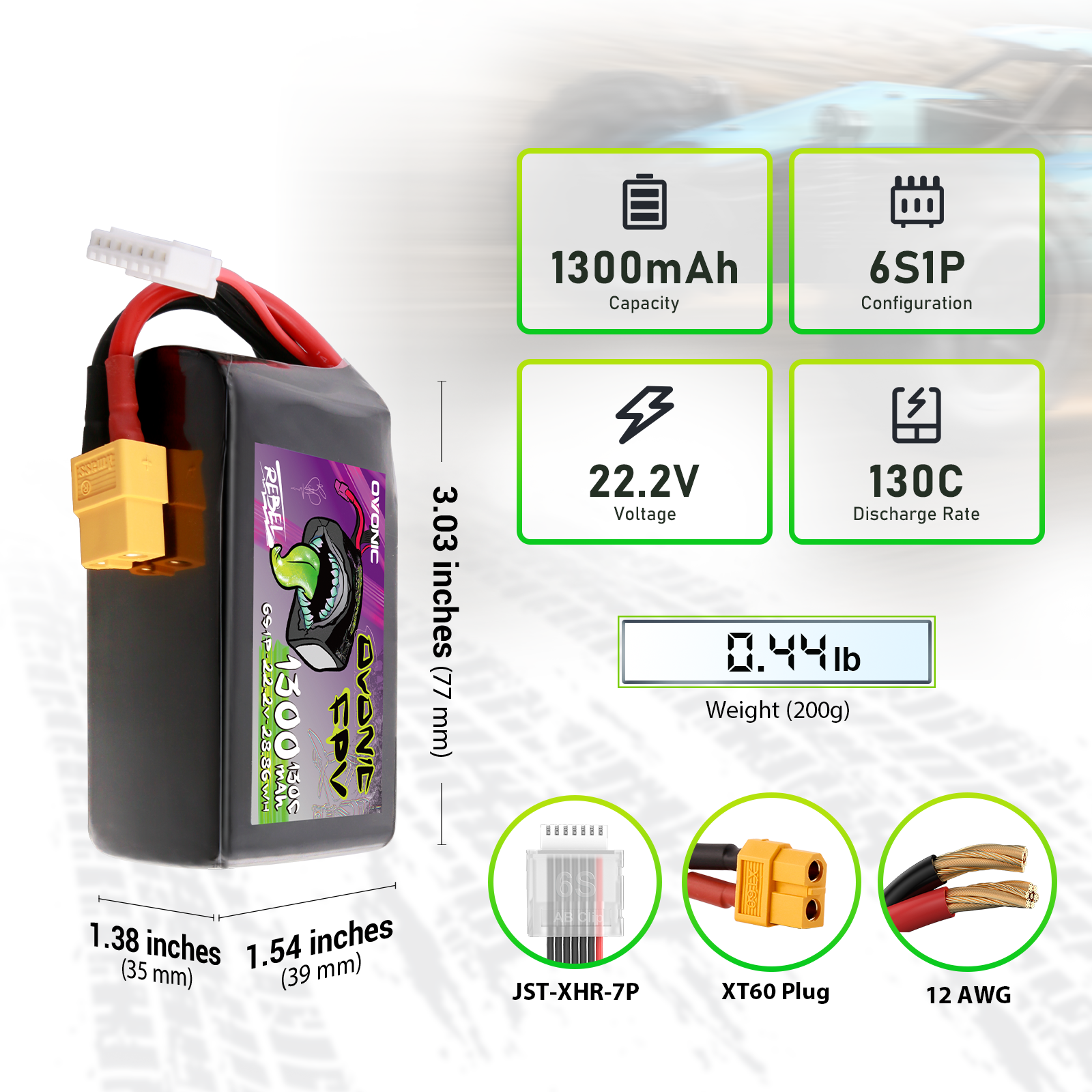 Ovonic Rebel 2.0 130C 6S 1300mah Lipo Battery 22.2V Pack with XT60 Plug
