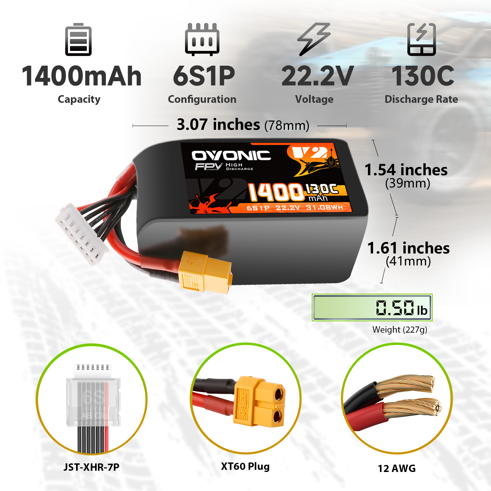 2x Ovonic 6S Lipo Battery 1400mah 6S1P 130C 22.2V with XT60 Plug for FPV Racing Drones Freestyle Drone Cinewhoop Toothpick Long Range Drone