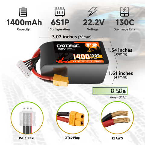 2x Ovonic 6S Lipo Battery 1400mah 6S1P 130C 22.2V with XT60 Plug for FPV Racing Drones Freestyle Drone Cinewhoop Toothpick Long Range Drone