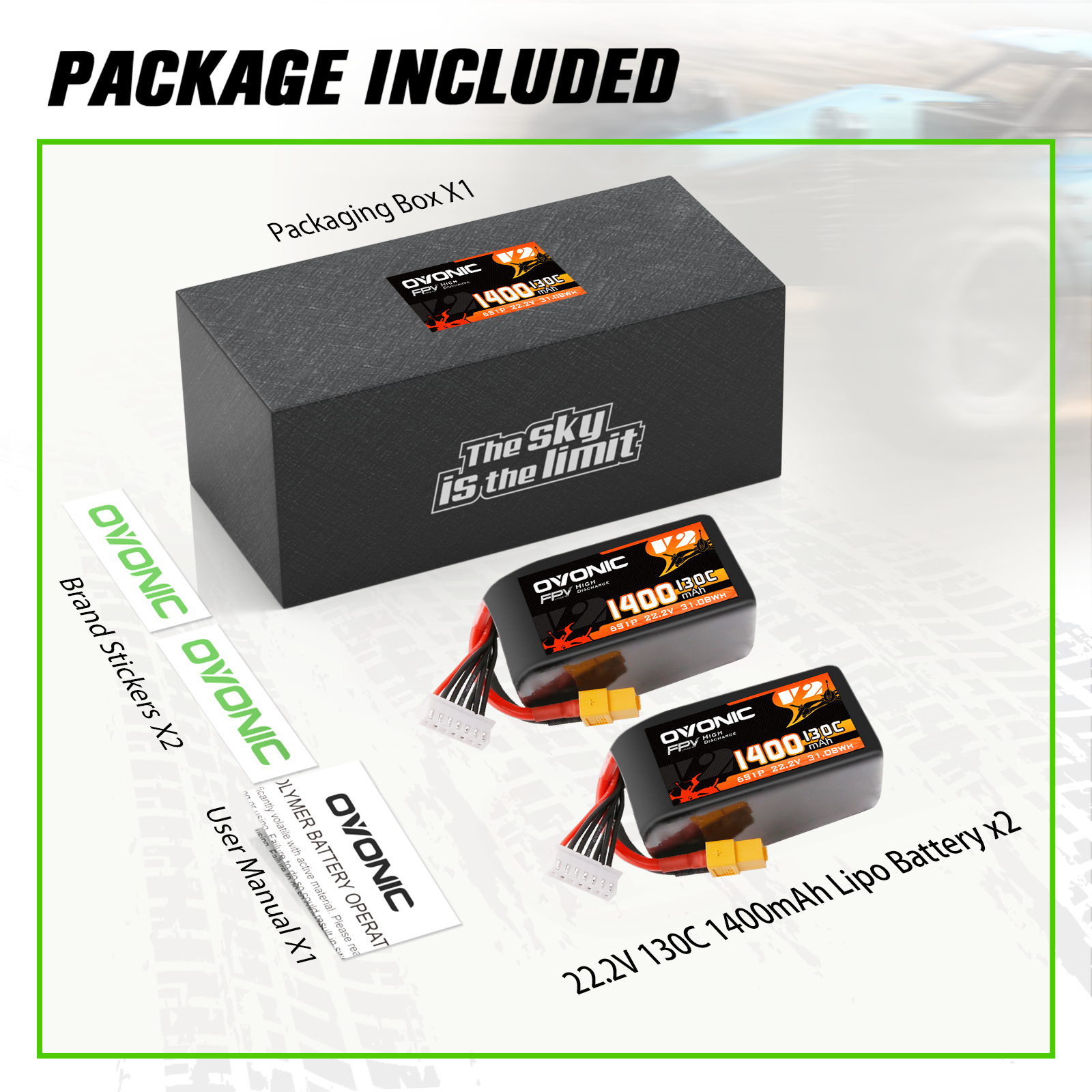 2x Ovonic 6S Lipo Battery 1400mah 6S1P 130C 22.2V with XT60 Plug for FPV Racing Drones Freestyle Drone Cinewhoop Toothpick Long Range Drone