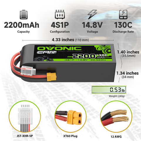 OVONIC 4S 2200mAh 14.8V 130C LiPo Battery with XT60 Plug