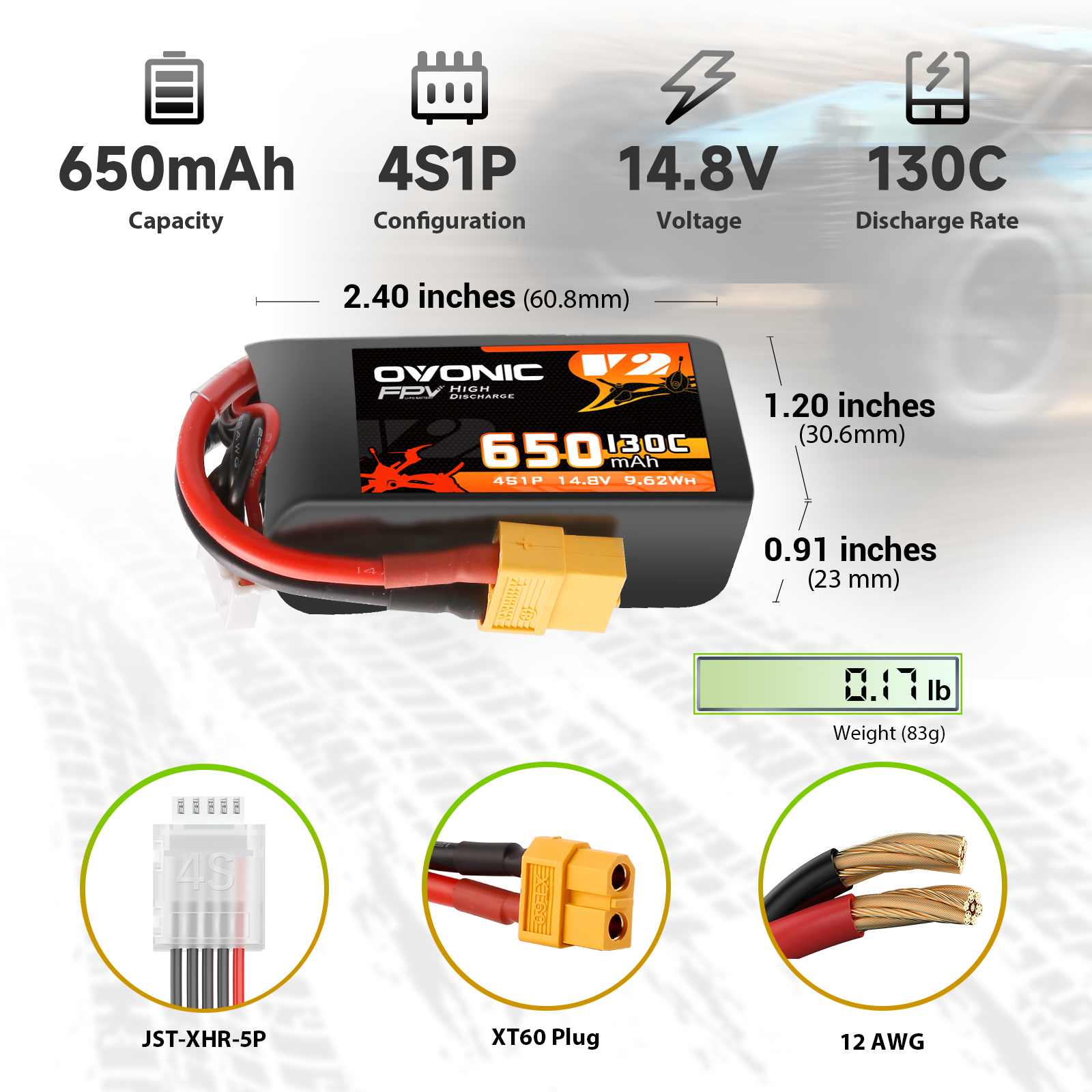 4×Ovonic 130C 650mAh 4S LiPo Battery 14.8V with XT60 Plug for 3 inch FPV Racing Drone 4 inch Toothpick