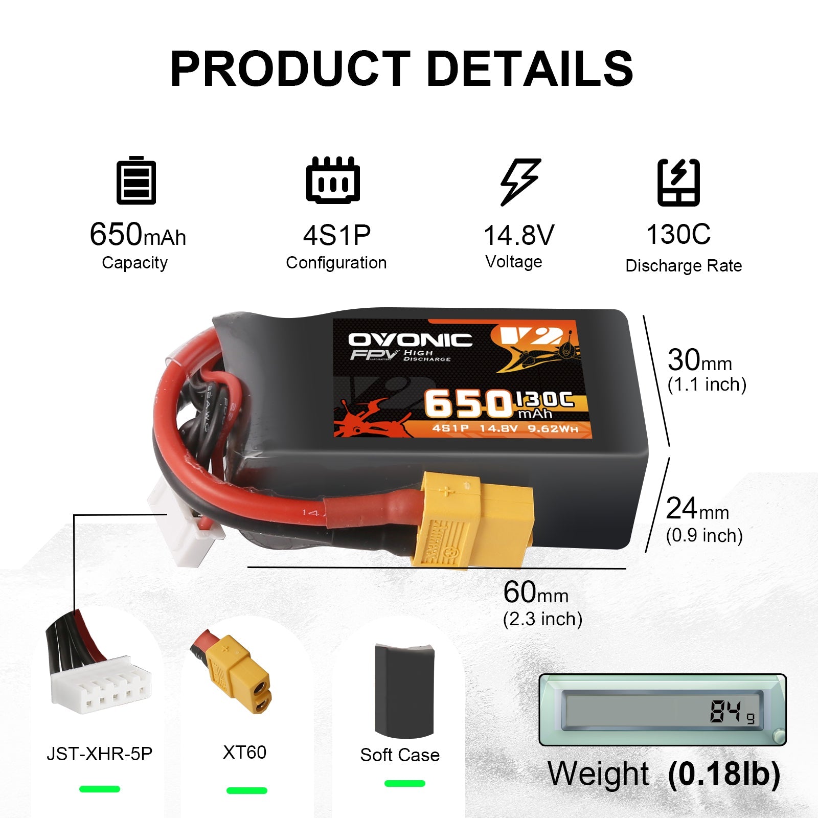 Ovonic 4S 650mAh LiPo Battery 130C 14.8V with XT60 Plug for FPV Racing Drone