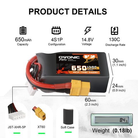 Ovonic 4S 650mAh LiPo Battery 130C 14.8V with XT60 Plug for FPV Racing Drone