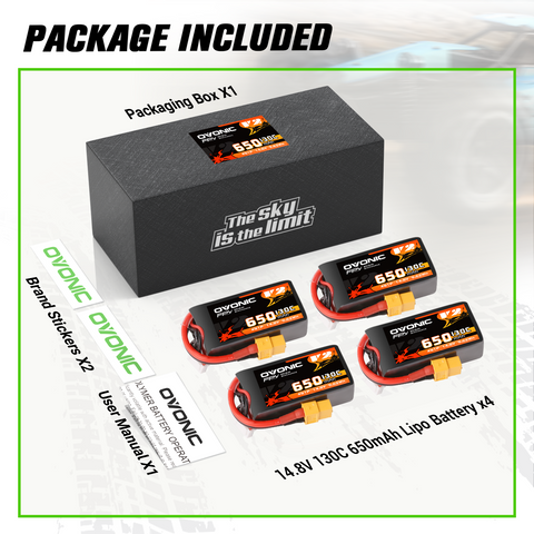 4×Ovonic 130C 650mAh 4S LiPo Battery 14.8V with XT60 Plug for 3 inch FPV Racing Drone 4 inch Toothpick