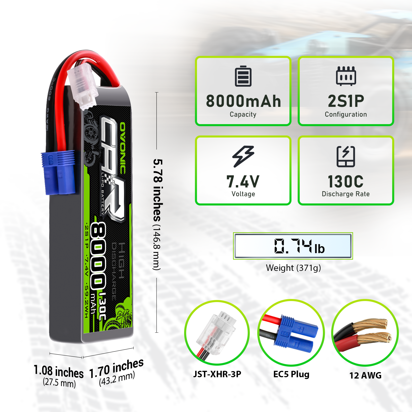 OVONIC 2S 8000mAh 7.4V 130C Lipo Battery with EC5 Connector