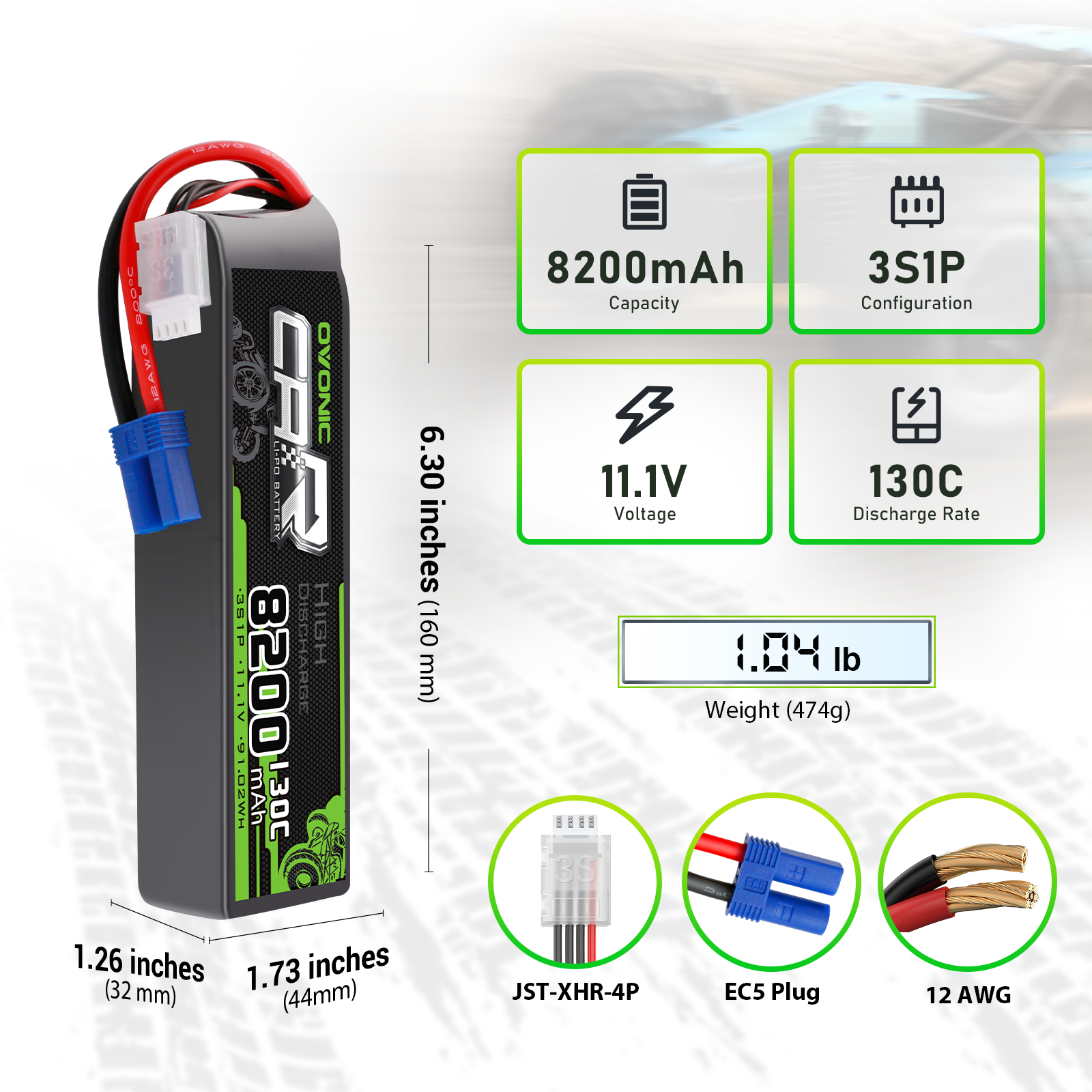 OVONIC 3S Lipo Battery 8200mAh 130C 11.1V RC Lipo Battery with EC5 Plug