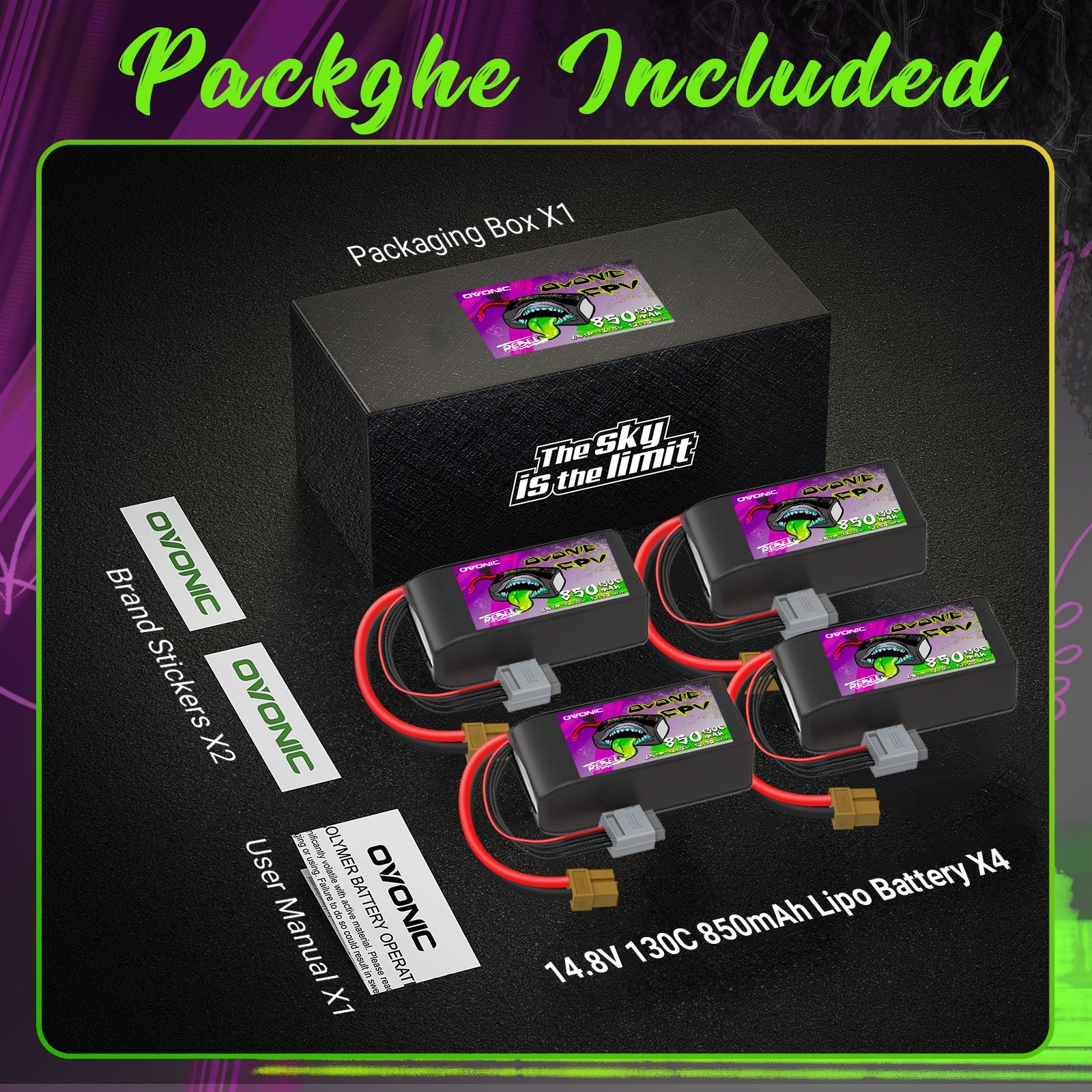 4× Ovonic Rebel 2.0 130C 850mah 14.8V 4S Lipo Battery Pack with XT60 Plug for 2.5 3.5 inch FPV Racing Drone