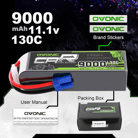 2 × OVONIC 3S Lipo Battery 9000mAh 130C 11.1V RC Lipo Battery with EC5 Plug for 1/10 RC Truck RC Vehicles Car