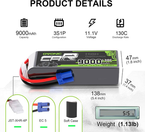 2 × OVONIC 3S Lipo Battery 9000mAh 130C 11.1V RC Lipo Battery with EC5 Plug for 1/10 RC Truck RC Vehicles Car