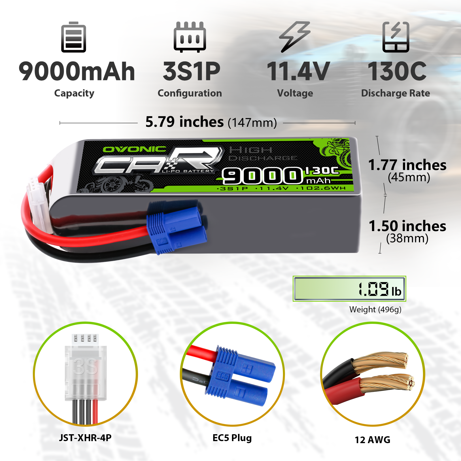 2xOVONIC 3S LiPo Battery 9000mAh 11.4V High Voltage 130C RC Battery with EC5 Plug Soft Case for RC Car Boat Truck Tank RC Racing Models