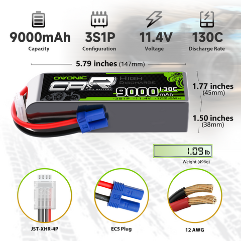 2xOVONIC 3S LiPo Battery 9000mAh 11.4V High Voltage 130C RC Battery with EC5 Plug Soft Case for RC Car Boat Truck Tank RC Racing Models