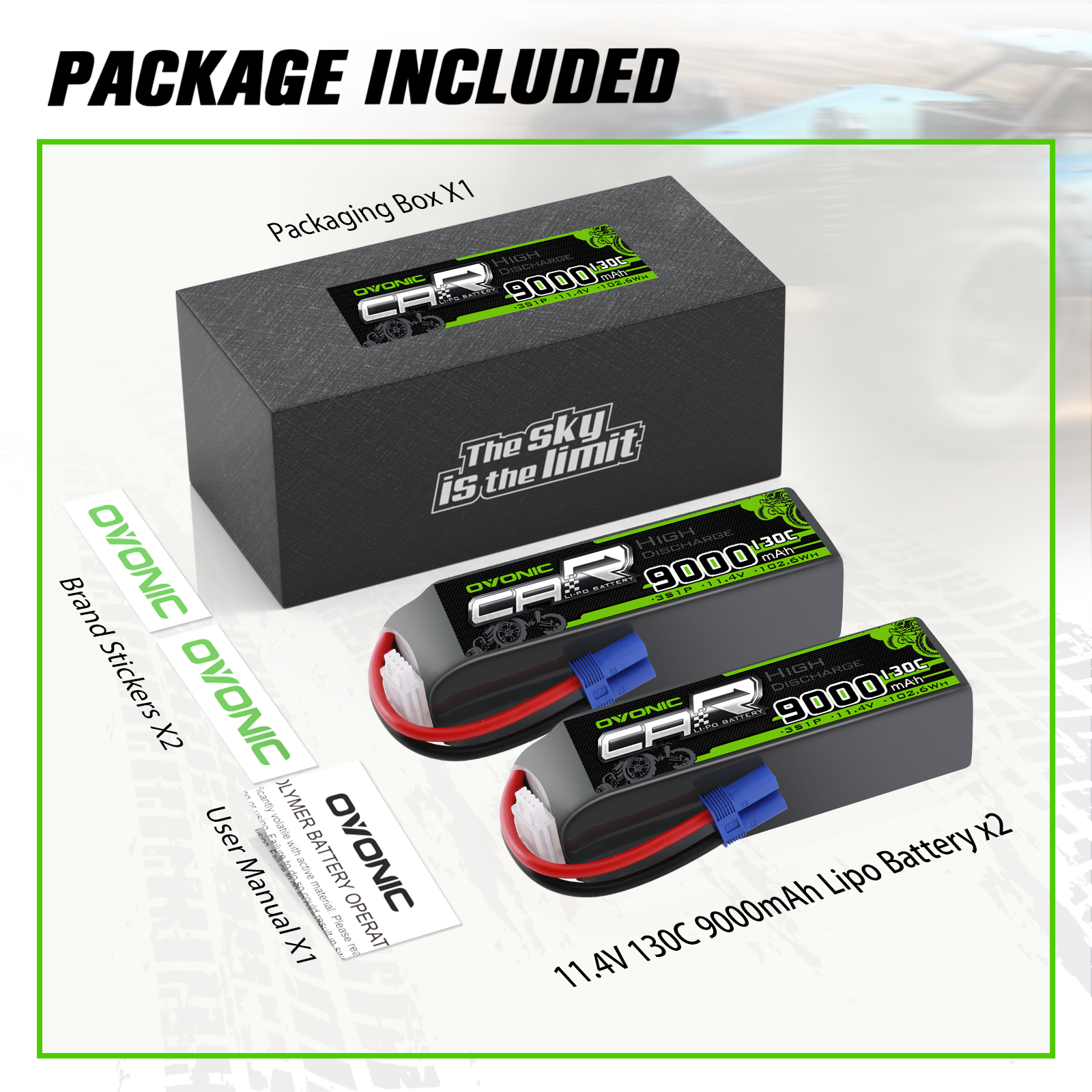 2xOVONIC 3S LiPo Battery 9000mAh 11.4V High Voltage 130C RC Battery with EC5 Plug Soft Case for RC Car Boat Truck Tank RC Racing Models
