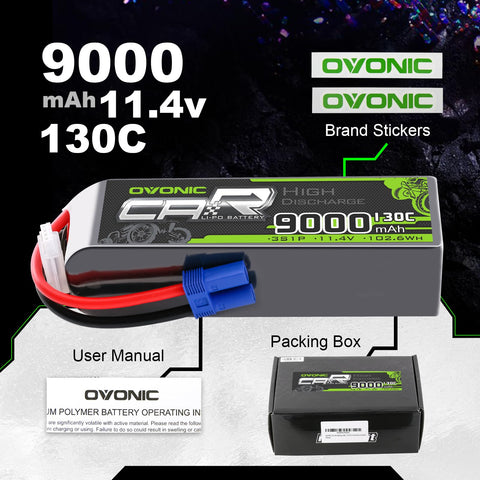 2xOVONIC 3S LiPo Battery 9000mAh 11.4V High Voltage 130C RC Battery with EC5 Plug Soft Case for RC Car Boat Truck Tank RC Racing Models