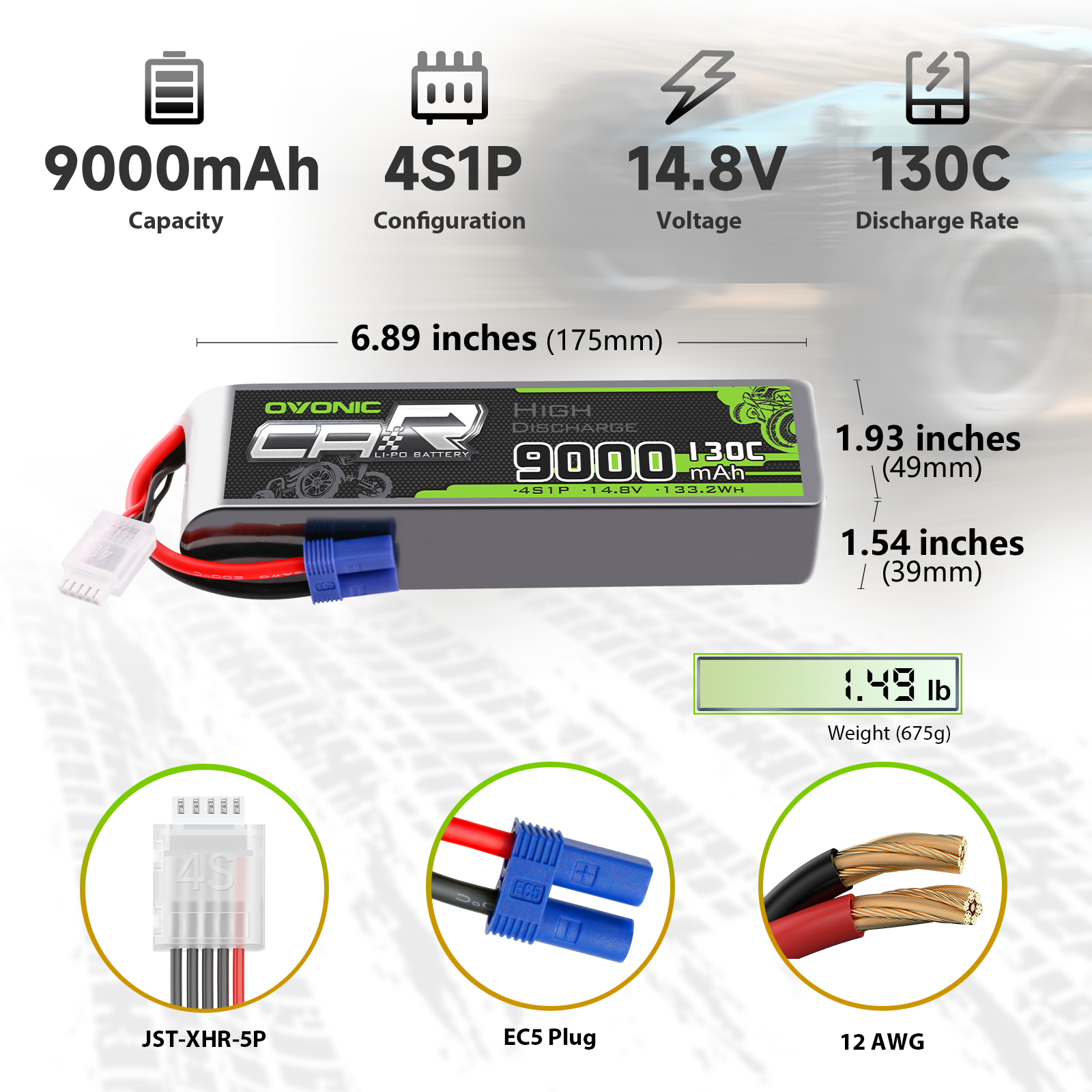OVONIC 4S LiPo Battery 9000mAh 14.8V 130C RC Battery with EC5 Plug