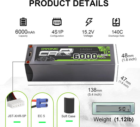 2 × OVONIC 4S Lipo Battery 6000mAh 4S2P 140C 15.2V Hardcase HV RC Lipo Battery with 5mm Bullet to EC5 Connector for RC Vehicles Car RC 1/5 Truck Buggy