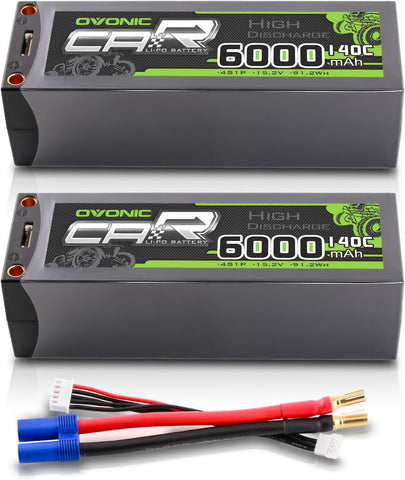 2 × OVONIC 4S Lipo Battery 6000mAh 4S2P 140C 15.2V Hardcase HV RC Lipo Battery with 5mm Bullet to EC5 Connector for RC Vehicles Car RC 1/5 Truck Buggy