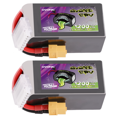 2×Ovonic Rebel 2.0 6S Lipo Battery 1200mAh 6S1P 150C 22.2V FPV LiPo Battery with XT60 Plug for FPV Racing Freestyle Cinewhoop Toothpick Long Range Drone