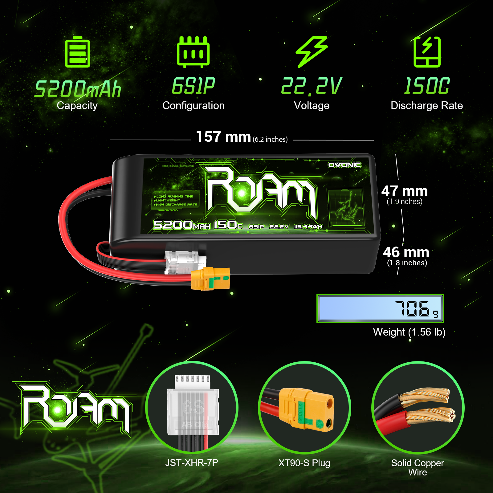 Ovonic Roam Series 5200mAh 6S1P 150C 22.2V 6S Lipo Battery with XT90-S Anti Spark Plug