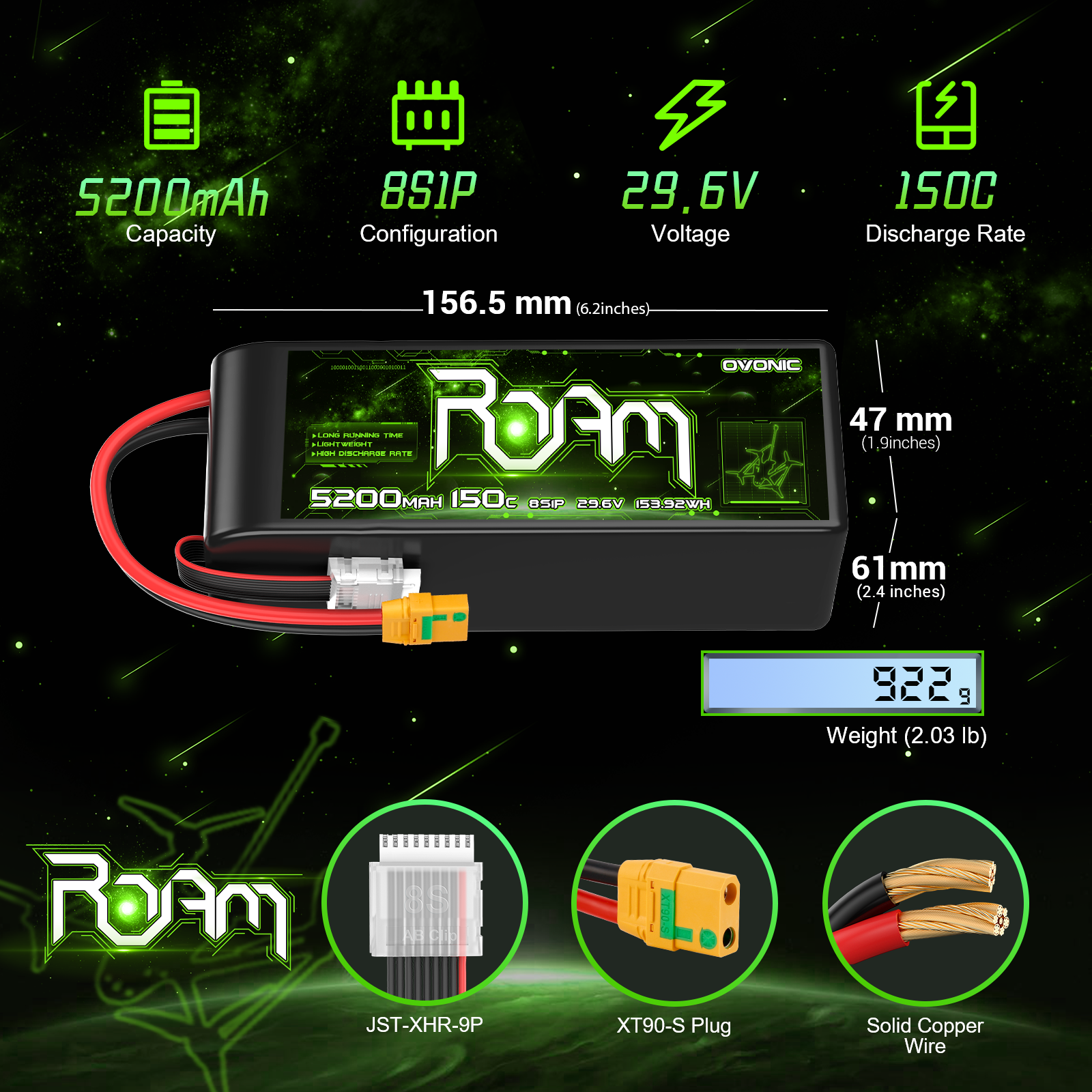 Ovonic Roam Series 8S Lipo Battery 5200mAh 8S1P 150C 29.6V Long Range Lipo Battery with XT90 Anti Spark Plug for 8S Cinelifte Long Range Multirotor X-Class