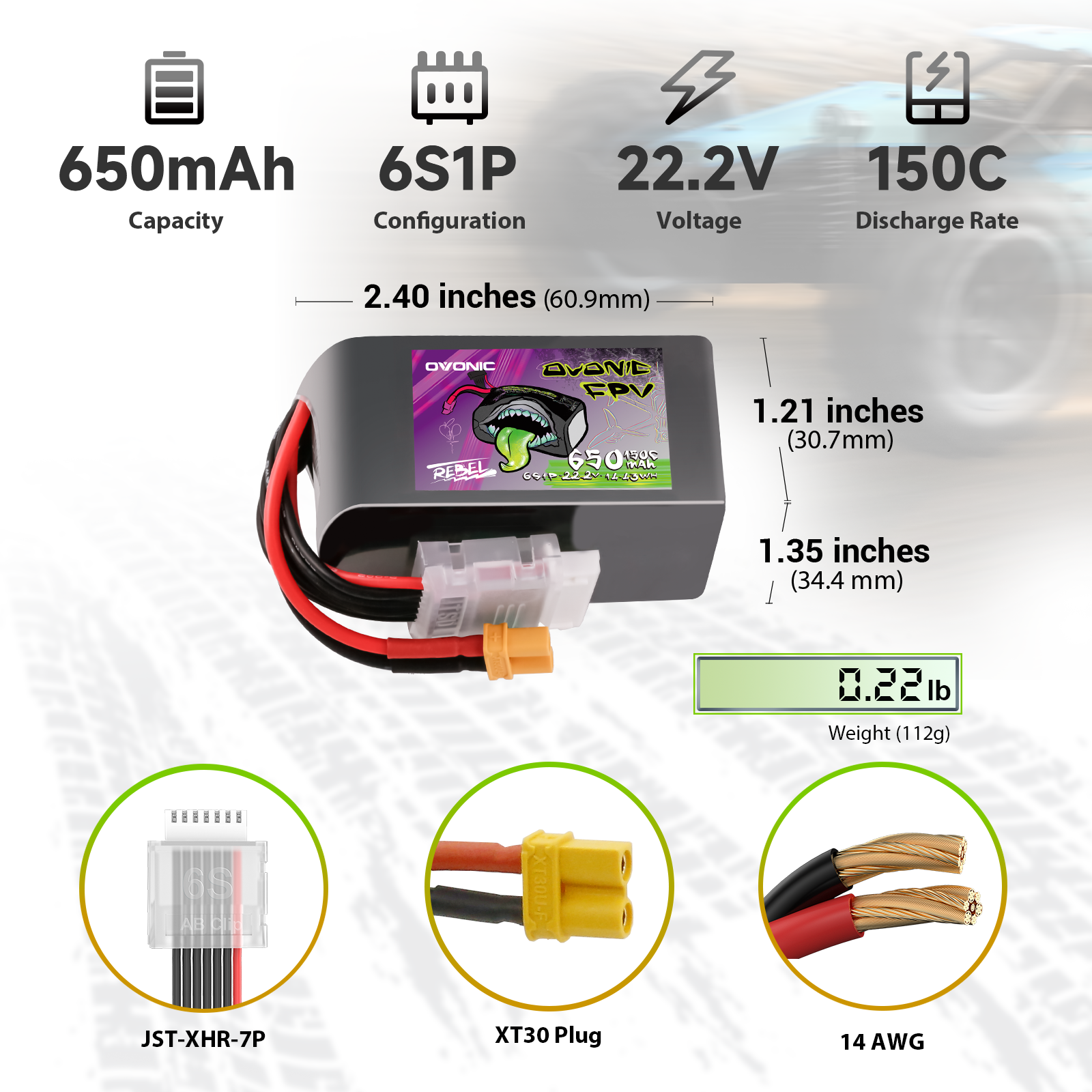Ovonic Rebel 2.0 150C 650mah 6S Lipo Battery 22.2V Pack with XT30 Plug
