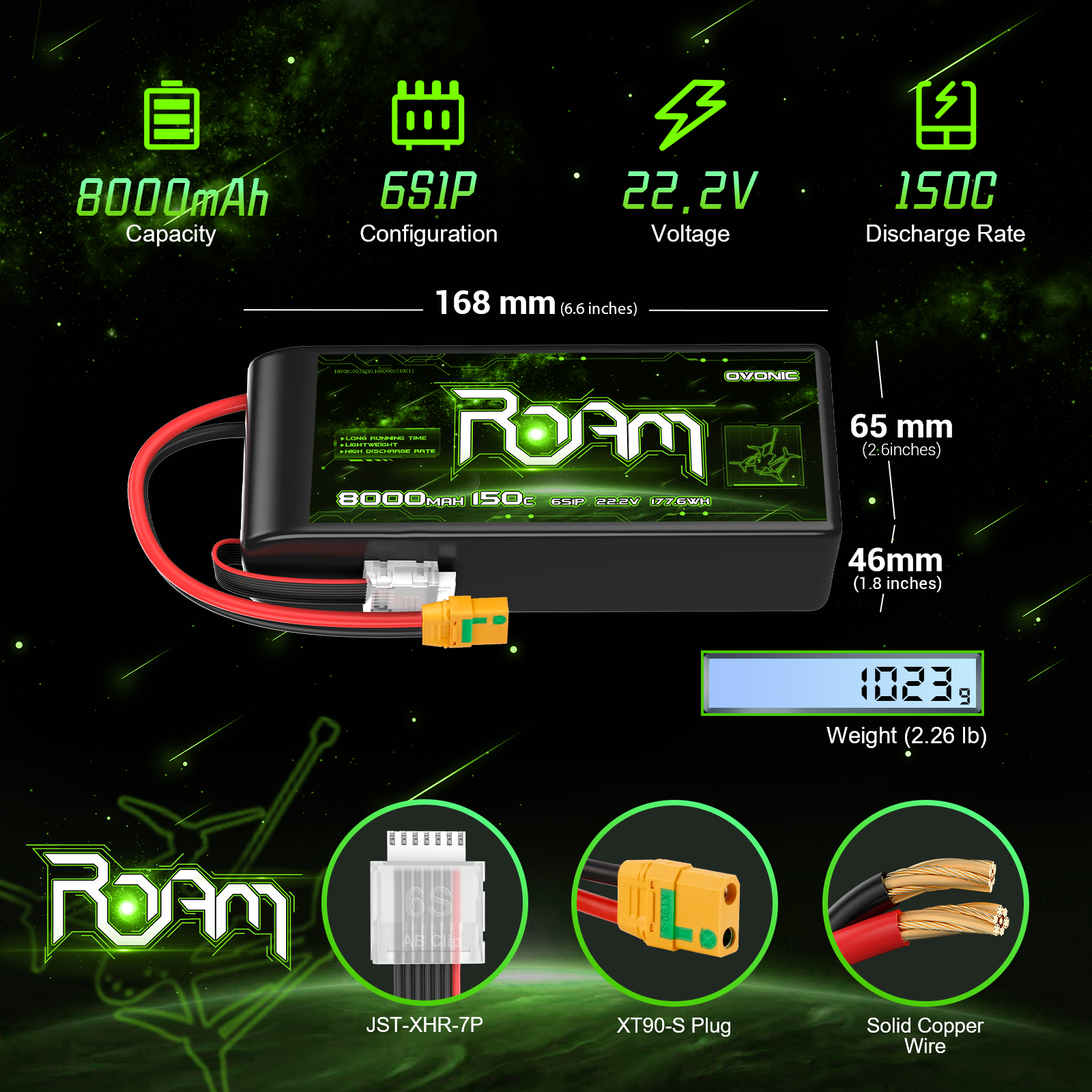 Ovonic Roam Series 6S Lipo Battery 8000mAh 150C 22.2V with XT90-S Anti Spark Plug