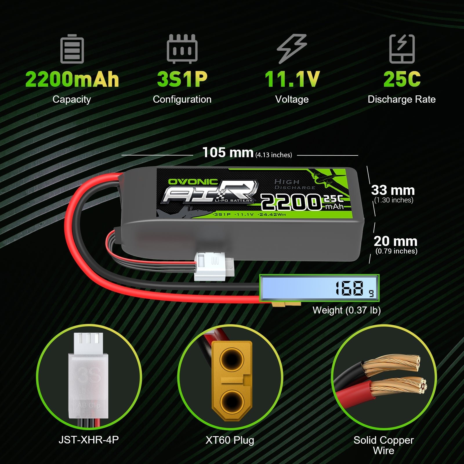 2×Ovonic 3S Lipo Battery 2200mAh 25C 11.1V with XT60 for Freewing