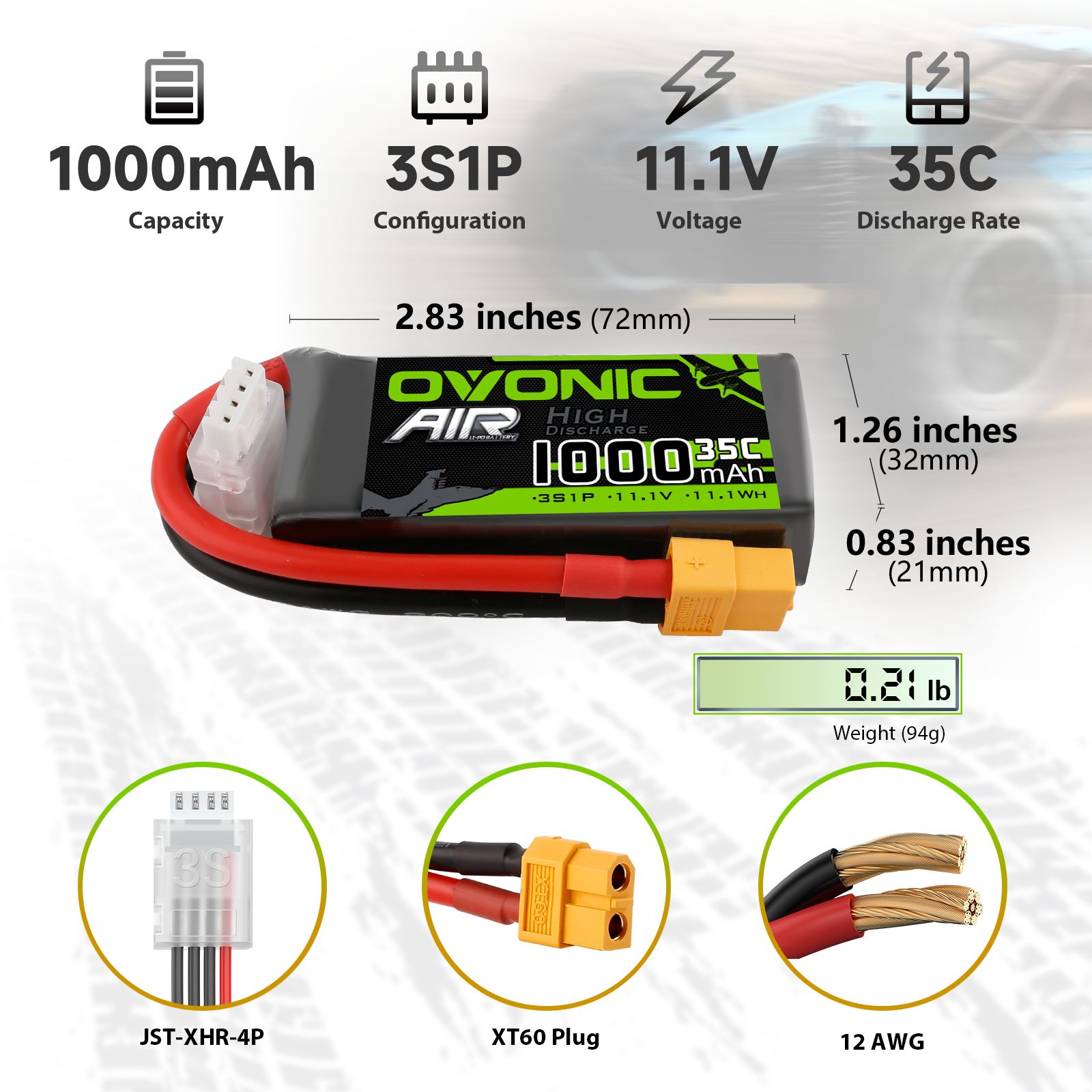 Ovonic 1000mah 11.1V 35C 3S Lipo Battery Pack with XT60 Plug