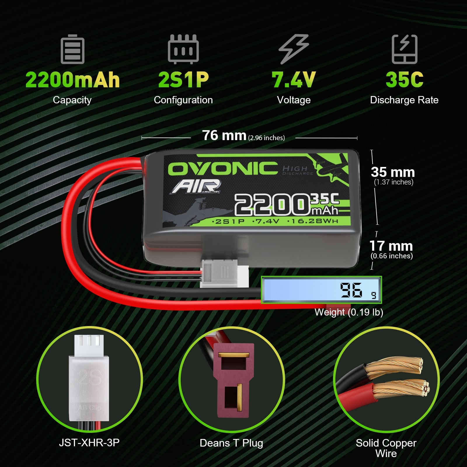 OVONIC 2S LiPo Battery 2200mAh 2S1P 35C 7.4V with a Deans Plug for RC airplanes