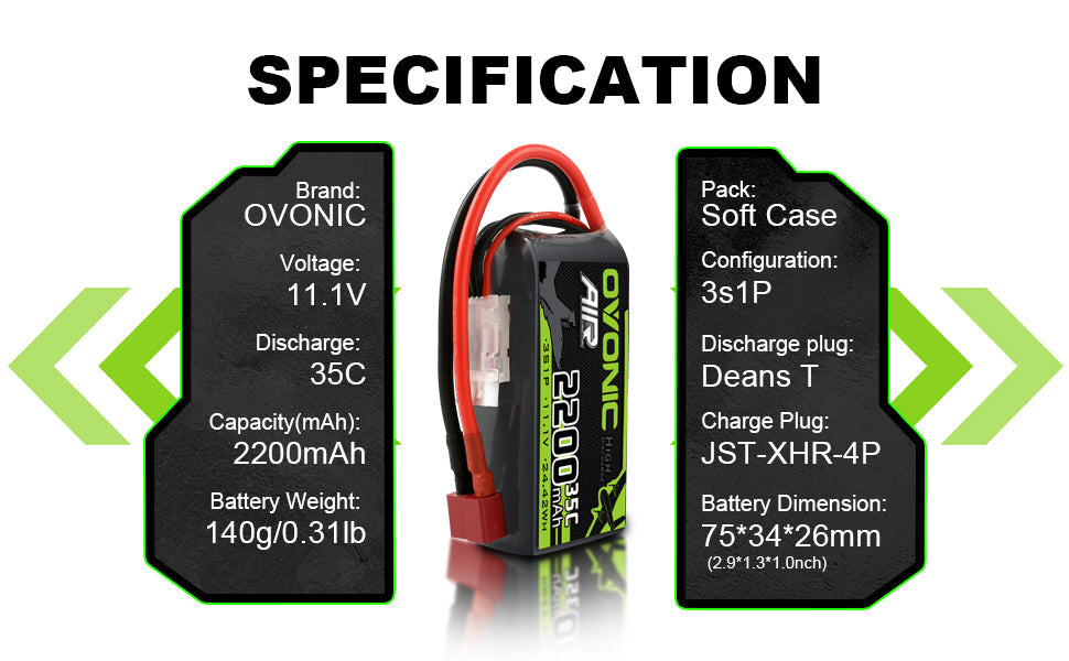 2×OVONIC 3S 35C 11.1V 2200mAh Short LiPo Battery Pack With T Plug