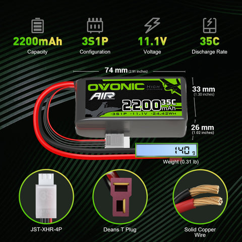 2×OVONIC 3S 35C 11.1V 2200mAh Short LiPo Battery Pack With T Plug