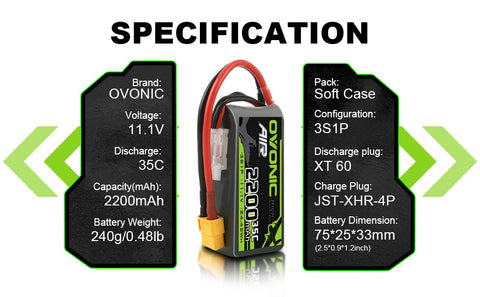 OVONIC 3S 35C 11.1V 2200mAh Short LiPo Battery Pack With XT60 Plug For Aircraft& Goggle