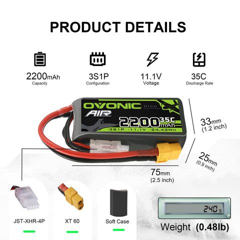 OVONIC 3S 35C 11.1V 2200mAh Short LiPo Battery Pack With XT60 Plug