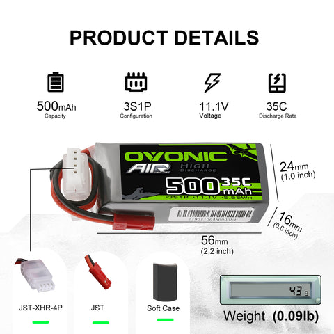 Ovonic 500mah 3S 11.1V 35C Lipo Battery Pack with JST Plug for RC Airplane&Heli