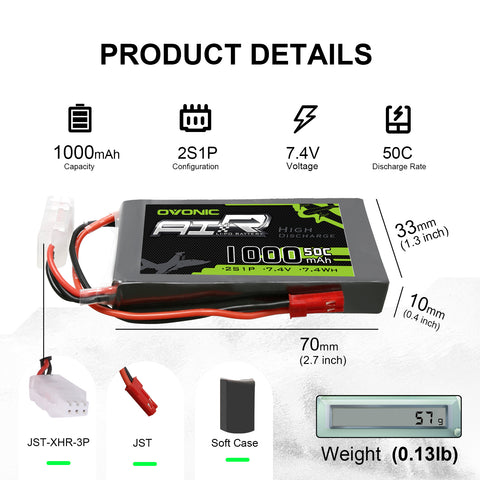 2×Ovonic 2S Lipo Battery Pack 1000mAh 50C 7.4V with JST Plug for RC helicopter RC Aircraft