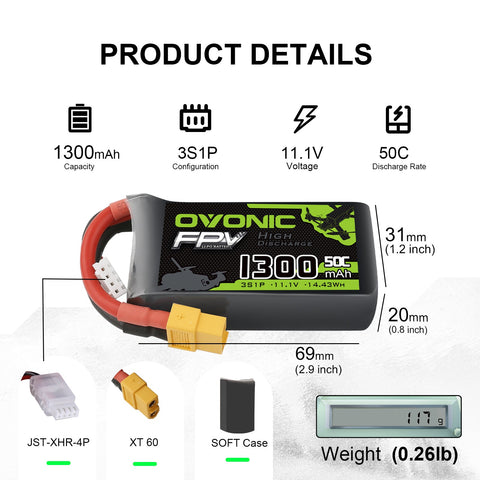 OVONIC 3S LiPo Battery 1300mAh 50C 11.1V with XT60 Plug
