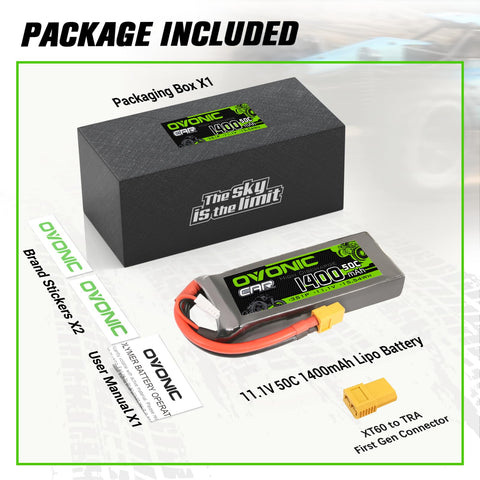 OVONIC 11.1V 1400mAh 50C 3S Lipo Battery with XT60 & Trx Plug for 1/16 Traxxas Cars